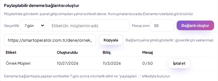 Paylaşılabilir deneme bağlantısı oluştur bölümü: geçerlilik, etiket, mesaj sınırı ve bağlantı listesi (örnek verilerle)