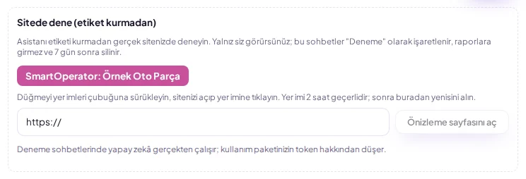 Siteler ekranında Sitede dene bölümü: yer imi düğmesi ve önizleme sayfası (demo verisiyle)