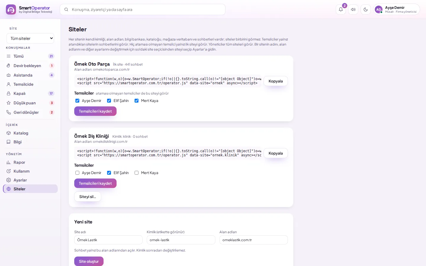 Sitenizi eklemek ve betik etiketini almak (demo verisiyle)