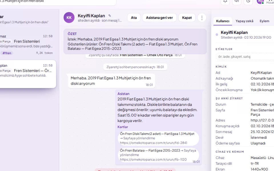 Devralınan konuşmanın başındaki özet kutusu (demo verisiyle)