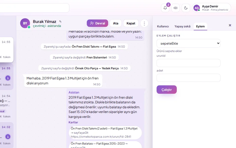 Ziyaretçinin sayfasında eylem çalıştırmak (demo verisiyle)