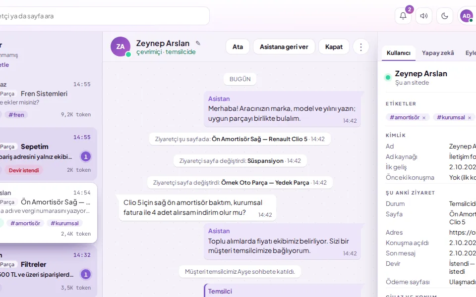 Sohbeti başka temsilciye atamak (demo verisiyle)