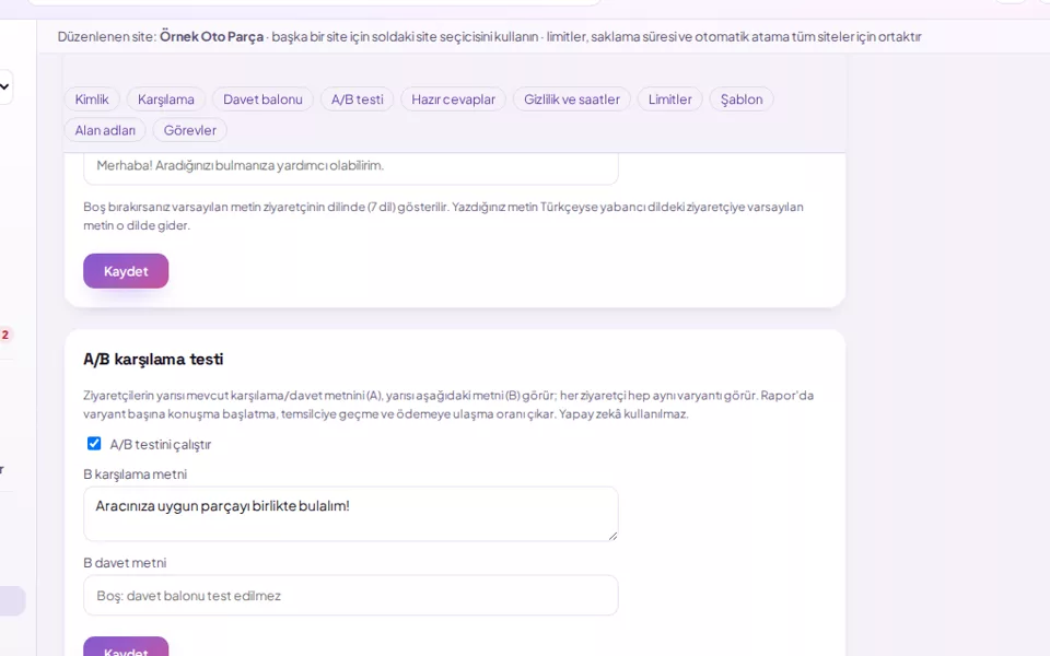 A/B karşılama testi ayarı (demo verisiyle)