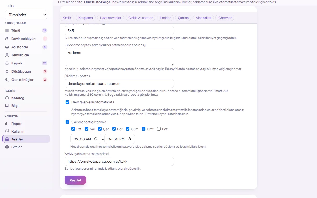 Çalışma saatleri ve bildirim e-postası (demo verisiyle)