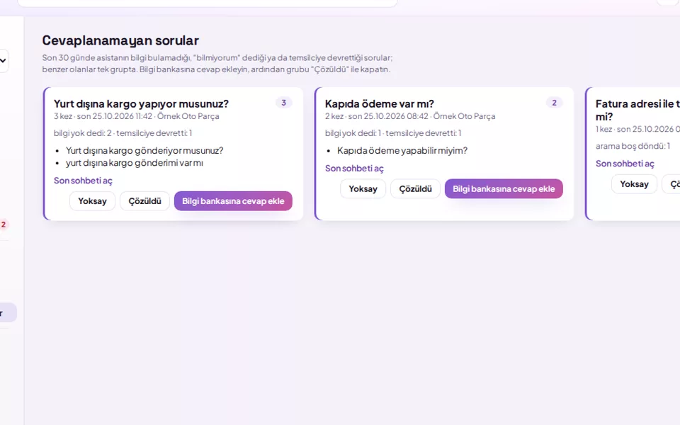 Cevaplanamayan sorular listesi ve grup düğmeleri (demo verisiyle)