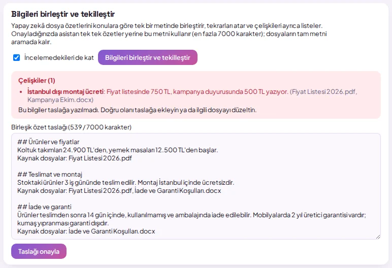 Bilgileri birleştir ve tekilleştir bölümü: çelişkiler listesi ve birleşik özet taslağı (örnek verilerle)