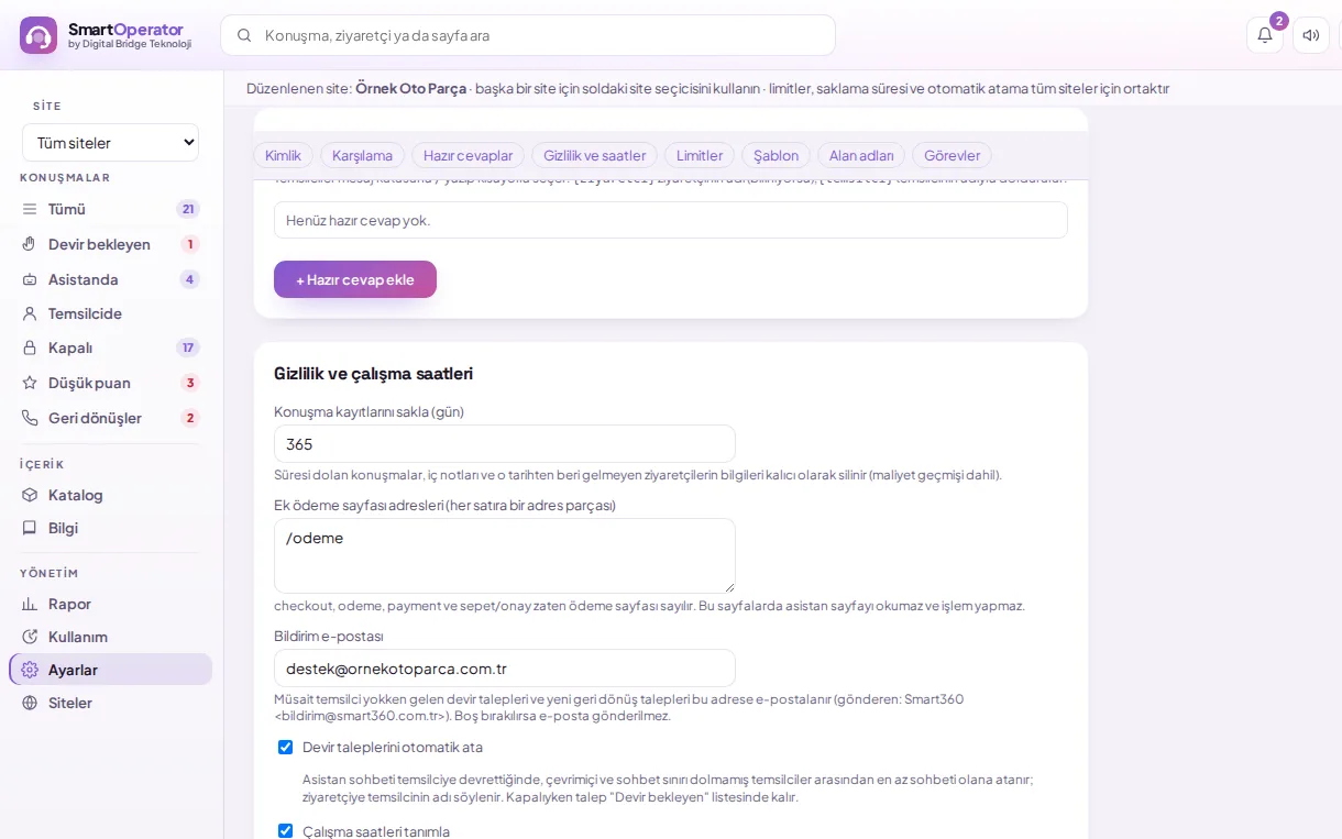 Hazır cevap eklemek (demo verisiyle)