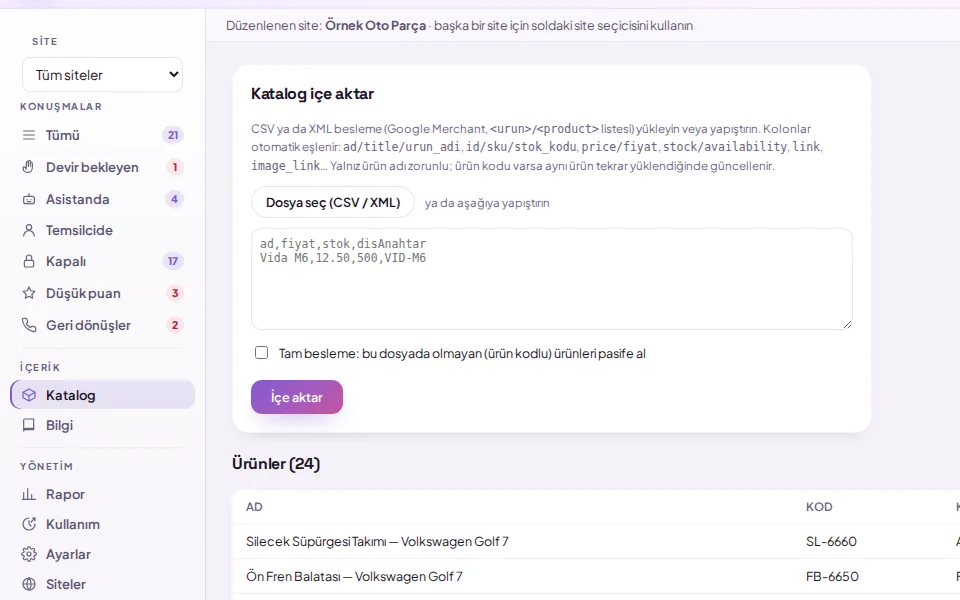 Kataloğu CSV ya da XML ile aktarmak (demo verisiyle)