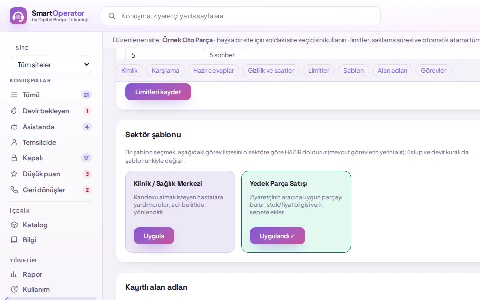 Sektör şablonu uygulamak (demo verisiyle)