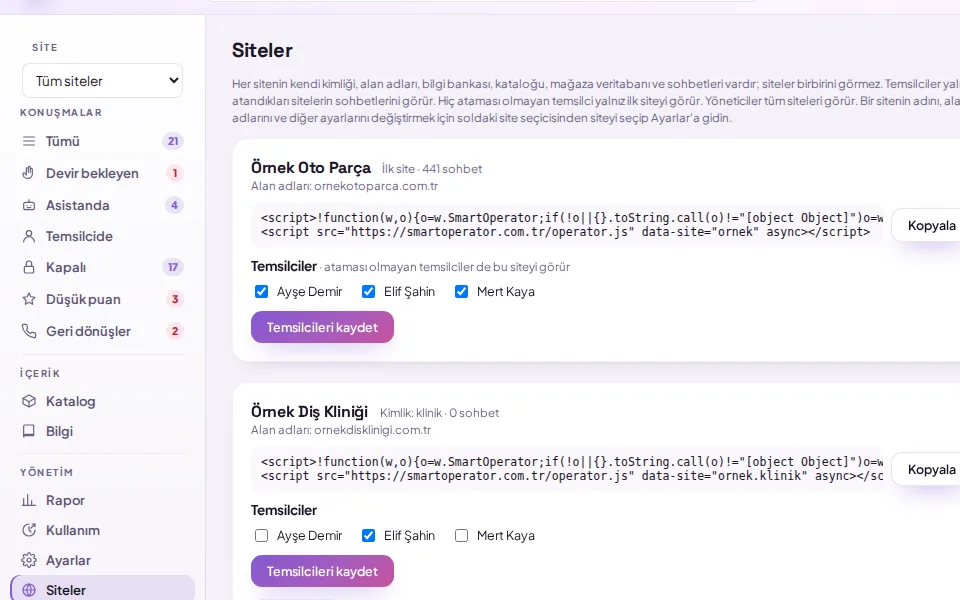 Temsilcileri siteye atamak (demo verisiyle)