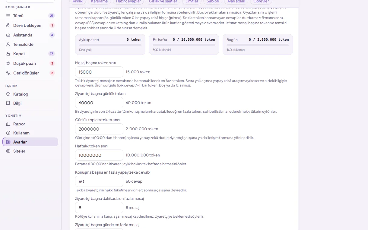 Token limitleri (demo verisiyle)