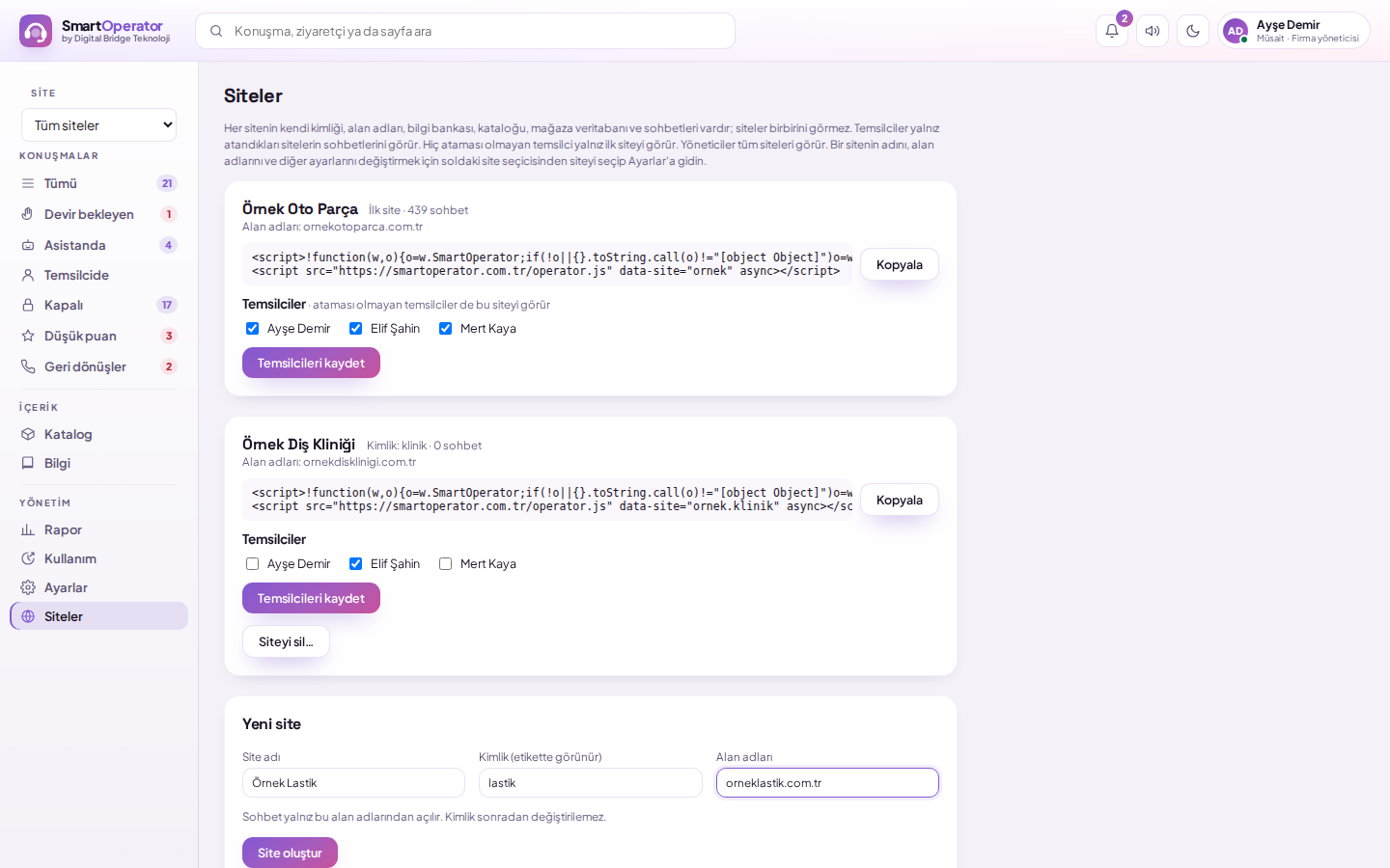 Siteler ekranı: site adı, alan adları ve kopyala düğmesiyle betik etiketi